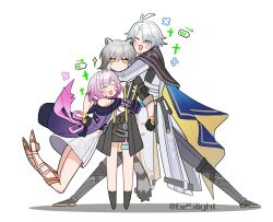 0_0 1boy 2girls 625light absurdres ahoge animal_ears battery_indicator black_coat black_gloves black_pants black_skirt blush_stickers coat commentary cyrene_(honkai:_star_rail) dress full_body gloves grey_hair highres honkai:_star_rail honkai_(series) hug multiple_girls open_mouth pants phainon_(honkai:_star_rail) pink_hair raccoon_ears raccoon_tail sandals short_hair simple_background skirt smile spread_legs stelle_(honkai:_star_rail) symbol-only_commentary tail thigh_strap trailblazer_(honkai:_star_rail) twitter_username white_background white_coat white_dress white_hair yellow_eyes