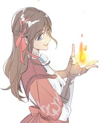 1girl blue_eyes cowenna dark-skinned_female dark_skin fingerless_gloves fire gloves mabinogi magic red_ribbon rian_(bdl) ribbon simple_background smile