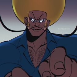 1boy afro bara blonde_hair bobobo-bo_bo-bobo bobobo-bo_bo-bobo_(character) character_request chest_hair_peek dark-skinned_male dark_skin facial_hair highres ka_ji long_mustache looking_at_viewer male_focus mature_male medium_sideburns muscular muscular_male mustache open_collar pectoral_cleavage pectorals pencil_mustache pointing pointing_at_viewer solo sunglasses thick_chest_hair upper_body watermark