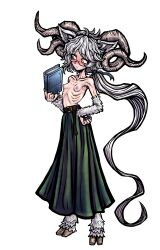 1girl absurdres blush book breasts commission curled_horns embarrassed full_body glasses grey_hair highres hooves horns long_hair looking_to_the_side low_ponytail navel nazo_no_diaboro original ponytail ribs simple_background skeb_commission skinny skirt small_breasts solo topless_female variant_set very_long_hair white_background yellow_eyes