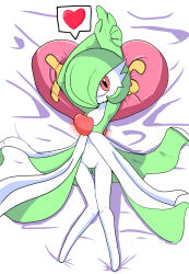 1girl arms_behind_head arms_up averting_eyes bed_sheet bob_cut closed_mouth colored_skin dakimakura_(medium) english_text female_focus flat_chest from_above full_body gardevoir gen_3_pokemon green_skin hair_over_one_eye happy heart heart-shaped_pillow holding_own_wrist knees_together_feet_apart legs looking_to_the_side lying mskdabc multicolored_skin navel nintendo no_feet on_back one_eye_covered pillow pokemon pokemon_(creature) pussy_juice red_eyes short_hair sideways_glance smile solo speech_bubble spoken_heart stomach thigh_gap thighs two-tone_skin white_background white_skin yes-no_pillow