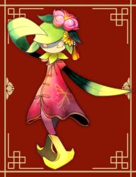 1girl arm_up border china_dress chinese_clothes clothed_pokemon colored_sclera colored_skin crossed_legs crown dress female_focus flat_chest flower free_butterfree full_body green_hair green_skin hair_flower hair_ornament hisuian_lilligant long_dress looking_at_viewer mini_crown monster_girl multicolored_skin nintendo no_mouth pink_flower plant_girl pokemon pokemon_(creature) red_background red_dress red_sclera red_skin short_hair short_sleeves sidelocks solo standing tassel white_eyes white_skin yellow_border yellow_headwear