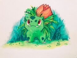 Rule 34 | animal focus, claws, closed mouth, commentary, english commentary, fangs, full body, gen 1 pokemon, gouache (medium), hkmac, ivysaur, looking at viewer, nintendo, no humans, no nose, outdoors, painting (medium), pokemon, pokemon (creature), red eyes, solo, standing, traditional media, white background