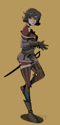 1girl belt black_hair boots breasts brown_shirt cassandra_(tangled) from_side full_body gloves green_eyes hair_between_eyes half-closed_eyes highres ho-uja looking_at_viewer medium_breasts off-shoulder_shirt off_shoulder parted_lips rapier red_shirt shirt shirt_under_shirt short_hair standing standing_on_one_leg striped_clothes striped_thighhighs sword tangled rapunzel&#039;s_tangled_adventure teeth thighhighs torn_clothes turtleneck vertical-striped_clothes vertical-striped_thighhighs weapon yellow_background