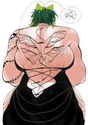 1girl 2024 abs absurdres anger_vein animal_ears annoyed antennae arm_tattoo arms_up ass back_tattoo backboob backless_dress backless_outfit black_dress breasts cat_ears chain cleavage collarbone commentary cowboy_shot dress english_commentary female_focus from_behind gigantic_breasts gold_chain green_hair green_lips hair_between_eyes half-closed_eyes halter_dress halterneck highres huge_ass messy_hair muscular muscular_female original rochi_(rrrroch1) rrrroch1 short_hair shoulder_blades side_slit simple_background size_difference speech_bubble spoken_character standing tall_female tattoo thick_thighs thighs white_background