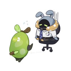 Rule 34 | 2others, artist name, avocaboo (zenless zone zero), bangboo (zenless zone zero), black pants, blue necktie, chair, closed eyes, highres, multiple others, nara mimochi, neck pillow, necktie, no humans, office chair, overtimeboo (zenless zone zero), pants, shirt, simple background, swivel chair, twitter username, white background, white shirt, zenless zone zero