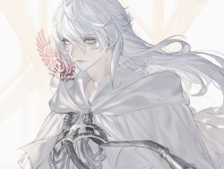 1boy bishounen blue_eyes capelet expressionless final_fantasy final_fantasy_xiv floating_hair from_side hair_between_eyes highres hood hood_down hooded_capelet long_hair looking_at_viewer male_focus mask mask_around_neck unworn_mask portrait sigil simple_background solo tassel themis_(ff14) tladpwl03 white_background white_capelet white_hair wind
