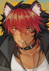 1boy animal_ear_fluff animal_ear_piercing animal_ears black_choker black_hair black_shirt choker collarbone collared_shirt ear_piercing haruutorv highres jewelry komano_manato leaf male_focus multicolored_hair necklace open_clothes open_shirt orange_eyes pectoral_cleavage pectorals piercing red_hair scar scar_on_chest shirt solo teeth upper_body white_shirt zenless_zone_zero