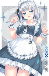 1girl alternate_costume apron blue_dress blue_eyes blush breasts collarbone commentary dress enmaided grey_hair highres hitodama hitodama_print konpaku_youmu konpaku_youmu_(ghost) looking_at_viewer maid maid_headdress open_mouth puffy_short_sleeves puffy_sleeves ribbon-trimmed_apron ribbon_trim short_sleeves solo touhou uumaru waist_apron white_apron wrist_cuffs