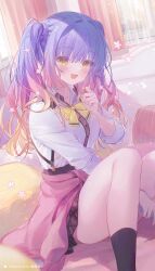 1girl :d artist_name black_socks blonde_hair blue_hair blue_nails blush bow bowtie brown_skirt cardigan cardigan_around_waist clothes_around_waist commentary convenient_leg feet_out_of_frame flower gradient_hair gyaru hair_flower hair_intakes hair_ornament hand_up happy highres holding holding_phone indoors kneehighs knees_up kogal kohibari_kurumi long_hair long_sleeves looking_at_viewer mizuka_academy_school_uniform multicolored_hair nail_polish open_mouth phone pink_flower pink_hair playing_with_own_hair school_uniform shirt sidelocks sitting skirt sleeves_rolled_up smile socks solo suspender_skirt suspenders tenshi_souzou_re-boot! thighs twintails umehara_sei white_shirt yellow_bow yellow_bowtie yellow_eyes yellow_nails