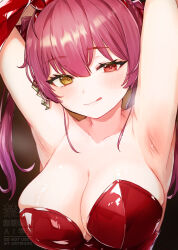 1girl :q alternate_costume animal_ear_hairband animal_ears armpits arms_behind_head arms_up blush breasts cleavage closed_mouth commentary_request fake_animal_ears hairband heterochromia highres hololive houshou_marine large_breasts leotard licking_lips long_hair looking_at_viewer pandada_san playboy_bunny rabbit_ear_hairband rabbit_ears red_eyes red_hair red_hairband red_leotard solo steaming_body strapless strapless_leotard tongue tongue_out twintails upper_body virtual_youtuber yellow_eyes