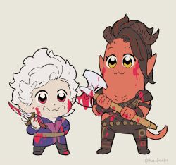 Rule 34 | 1boy, 1girl, :3, astarion, axe, baldur&#039;s gate, baldur&#039;s gate 3, black hair, blood, chibi, colored skin, dagger, dungeons & dragons, dungeons &amp; dragons, height difference, karlach, knife, parody, poptepipic, red eyes, red skin, short hair, simple background, style parody, tweedledraws, weapon, white hair, yellow eyes