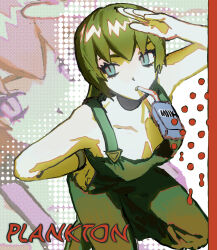 1girl bare_shoulders breasts drinking_straw english_text eyelashes foo_fighters_(jojo) green_eyes green_hair green_overalls halftone hand_on_own_head hand_on_own_hip highres jojo_no_kimyou_na_bouken milk overalls short_hair small_breasts solo stand_(jojo) stone_ocean tami_tome_mo zoom_layer