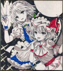 Rule 34 | 2girls, apron, ascot, back bow, bat wings, between fingers, bow, braid, brooch, collared shirt, commentary request, frilled shirt collar, frills, green bow, greyscale, hair bow, hajike akira, hat, hat ribbon, highres, holding, holding knife, izayoi sakuya, jewelry, knife, knives between fingers, long hair, looking at viewer, maid, maid headdress, mob cap, monochrome, multiple girls, open mouth, red brooch, red ribbon, remilia scarlet, ribbon, shikishi, shirt, skirt, smile, spot color, touhou, traditional media, twin braids, waist apron, wings, wrist cuffs