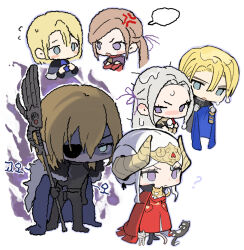 Rule 34 | 1boy, 1girl, ?, aged down, aged up, angry, aqua eyes, areadbhar (fire emblem), armor, aura, black armor, blonde hair, blue cape, bodysuit, brown hair, cape, cat, chibi, chibi only, commentary request, confused, couple, dark aura, dimitri alexandre blaiddyd, dimitri alexandre blaiddyd (timeskip), dimitri alexandre blaiddyd (young), double bun, dress, edelgard von hresvelg, edelgard von hresvelg (timeskip), edelgard von hresvelg (young), fake horns, fire emblem, fire emblem: three houses, flying sweatdrops, fur-trimmed cape, fur trim, garreg mach monastery uniform, gloom (expression), hair between eyes, hair bun, hair up, headpiece, holding, holding polearm, holding weapon, horns, ikaikakka, looking at another, looking down, looking to the side, messy hair, nervous sweating, nintendo, no pupils, open mouth, own hands together, parted lips, polearm, purple eyes, red dress, shaded face, short hair, side cape, speech bubble, standing, sweat, weapon, wet, white background, white hair