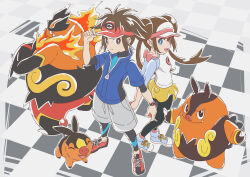 1boy 1girl asatsuki_(fgfff) black_pantyhose blue_jacket blue_shoes bright_pupils brown_eyes brown_hair checkered_floor commentary_request double_bun emboar evolutionary_line gen_5_pokemon grey_shorts hair_bun hand_on_headwear hand_up holding holding_poke_ball jacket leggings long_hair nate_(pokemon) nintendo pantyhose pignite poke_ball poke_ball_(basic) pokemon pokemon_(creature) pokemon_bw2 rosa_(pokemon) shirt shoes short_hair shorts standing tepig twintails visor_cap white_pupils xtransceiver yellow_shorts