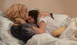 Rule 34 | 2girls, blonde hair, blush, boku no hero academia, brown hair, closed eyes, closed mouth, commentary, dyn4bun, hashtag-only commentary, highres, indoors, multiple girls, parted lips, pillow, short hair, sleeping, toga himiko, uraraka ochako, yuri