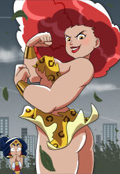 2girls animal_print armor ass black_hair blue_skirt breasts brown_eyes building city covering_own_mouth dc_comics earrings flexing giganta gold_armor grey_sky grin highres jewelry leaf leopard_print long_hair looking_at_viewer medium_breasts multiple_girls muscular no_panties oira_wa_arumajiro orange_shirt orange_skirt print_shirt print_skirt red_hair red_lips red_shirt shirt shoulder_pads skirt sky skyscraper smile standing star_(symbol) star_earrings strapless superhero_costume surprised teeth tiara tree tube_top vambraces wind wind_lift wonder_woman wonder_woman_(series)
