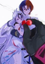 1girl 2boys bare_shoulders belt black_belt black_choker black_gloves black_hair blood blood_on_arm blue_eyes blunt_bangs blurry blurry_foreground brother_and_sister choker crossed_bangs curtained_hair dress feather_dress feet_out_of_frame fire_emblem fire_emblem_engage gloves hair_between_eyes hair_ornament hand_on_another&#039;s_back heterochromia highres holding hug jacket long_hair looking_at_object male_alear_(fire_emblem) multicolored_hair multiple_boys nintendo out_of_frame parted_bangs purple_eyes rafal_(fire_emblem) red_eyes sasaki_(dkenpisss) short_hair siblings signature simple_background split-color_hair tape torn_paper two-tone_hair very_long_hair veyle_(fire_emblem) wavy_hair white_background white_dress white_hair white_jacket wing_hair_ornament