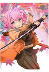 1girl cosplay crescent crescent_earrings earrings gradient_hair heterochromia highres himemori_luna holding holding_sword holding_weapon hololive jewelry katana multicolored_hair pink_hair samurai scarf sekiro sekiro:_shadows_die_twice sekiro_(cosplay) siitake_hat solo sword virtual_youtuber weapon