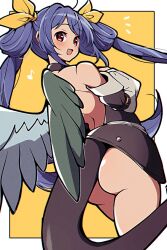 1girl angel_wings ass back bare_shoulders belt blue_hair blush border detached_sleeves dizzy_(guilty_gear) from_behind guilty_gear guilty_gear_x guilty_gear_xx hair_ribbon hair_rings highres itsuka_neru long_hair long_sleeves looking_at_viewer looking_back monster_girl open_mouth puffy_long_sleeves puffy_sleeves red_eyes ribbon solo tail thick_thighs thighs twintails white_border wings yellow_background yellow_ribbon