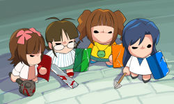 4girls a1_(initial-g) akizuki_ritsuko amami_haruka blood blue_hair brown_hair castle_crashers chibi glasses idolmaster idolmaster_(classic) idolmaster_1 kisaragi_chihaya long_hair multiple_girls parody shield short_hair takatsuki_yayoi twintails weapon