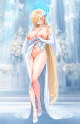 1girl absurdres aki_yama73 alternate_costume asuna_(blue_archive) bare_shoulders blue_archive blue_halo blurry blurry_background blush breasts brown_hair cleft_of_venus commentary_request dress elbow_gloves flower four-finger_heart_hands full_body gloves hair_flower hair_ornament hair_over_one_eye halo heart heart_hands high_heels highres large_breasts legs long_hair mole mole_on_breast navel nipples pussy shoes smile solo standing stomach thighs uncensored very_long_hair wedding_dress white_flower white_gloves white_shoes