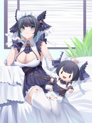 1girl :3 absurdres animal_ears apron aqua_eyes aqua_streaks azur_lane black_dress black_hair blush breasts character_doll cheshire_(azur_lane) cleavage collar colored_inner_hair commentary_request detached_sleeves doll dress frilled_apron frilled_dress frilled_sleeves frills gold_trim hand_up highres holding holding_doll indoors kafeifeifeifeifeifei_jiemo_jun large_breasts looking_at_viewer maid maid_headdress medium_hair multicolored_hair plant sitting smile solo streaked_hair table thighhighs thighs white_collar white_thighhighs white_trim window_blinds