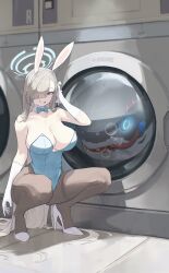 1girl 1other absurdres asuna_(blue_archive) asuna_(bunny)_(blue_archive) bare_shoulders blonde_hair blue_archive blue_eyes blue_halo blue_leotard breasts cleavage collarbone gloves hair_over_one_eye halo high_heels highres large_breasts laundromat leotard long_hair looking_at_viewer mole mole_on_breast pantyhose rimeye shark shoes smile snorkel_in_mouth squatting strapless strapless_leotard thighband_pantyhose very_long_hair white_gloves white_shoes zenless_zone_zero