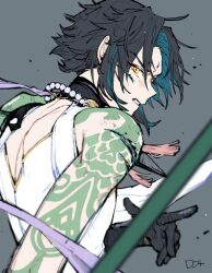 1boy ahoge arm_tattoo artist_name bead_necklace beads black_gloves black_hair blood clenched_teeth eyeshadow facial_mark forehead_mark from_side genshin_impact gloves green_hair grey_background highres holding holding_weapon jewelry makeup male_focus multicolored_hair necklace open_mouth parted_lips polearm profile red_eyeshadow simple_background sleeveless slit_pupils solo spikes tassel tattoo teeth to_dot upper_body weapon xiao_(genshin_impact) yellow_eyes
