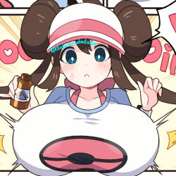 Rule 34 | 1girl, :&lt;, blue eyes, blush, breast expansion, breasts, brown hair, dadadanoda, dot nose, female focus, hat, huge breasts, motion lines, nintendo, pokemon, pokemon bw2, rosa (pokemon), shirt, solo, twintails, upper body, white hat, white shirt