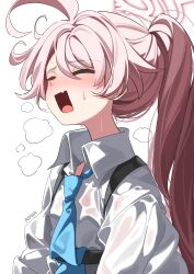 Rule 34 | 1girl, absurdres, ahoge, blue archive, blue necktie, closed eyes, fang, halo, highres, hoshino (blue archive), long hair, necktie, official alternate hairstyle, open mouth, pink hair, pink halo, ponytail, rirua (kjom802), shirt, skin fang, solo, sweat, upper body, wet, wet clothes, wet shirt, white shirt