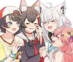 4girls ahoge animal_ear_fluff animal_ears bell black_hair blue_eyes blush braid breasts brown_hair cherry_blossom_print choker cleavage_cutout closed_eyes clothing_cutout collarbone commentary crying floral_print fox_ears fox_girl green_eyes hair_bell hair_between_eyes hair_ornament hairclip happy happy_tears hat highres holding_hands hololive jingle_bell kouhaku_nawa long_hair mia960 multicolored_hair multiple_girls one_side_up ookami_mio ookami_mio_(1st_costume) oozora_subaru oozora_subaru_(1st_costume) open_mouth pink_hair red_choker red_hair rope sakura_miko sakura_miko_(1st_costume) shimenawa shirakami_fubuki shirakami_fubuki_(1st_costume) shirt short_hair side_braid simple_background single_braid smile stopwatch stopwatch_around_neck streaked_hair striped_clothes swept_bangs tears two-tone_hoodie virtual_youtuber watch white_background white_hair wiping_tears wolf_ears wolf_girl x_hair_ornament