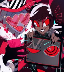 1girl 2boys ama0805 coat colored_skin demon_boy dress fur-trimmed_coat fur_trim hazbin_hotel heart heart-shaped_eyewear highres multiple_boys pink_coat pink_dress purple_skin red_eyes sharp_teeth teeth twintails valentino_(hazbin_hotel) velvette_(hazbin_hotel) vox_(hazbin_hotel)