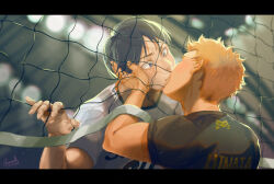 2boys back black_hair black_shirt blue_eyes blurry blurry_background commentary_request haikyuu!! hand_on_another&#039;s_head highres hinata_shouyou kageyama_tobio looking_at_another male_focus multiple_boys orange_hair shirt short_hair sportswear tinakuter upper_body volleyball_net volleyball_uniform white_shirt yaoi