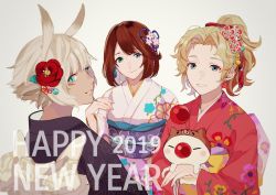 animal_ears blonde_hair blue_eyes brown_hair cat_ears cat_girl cat_tail closed_mouth commentary_request dissidia_final_fantasy earrings final_fantasy final_fantasy_vi final_fantasy_x final_fantasy_xi final_fantasy_xiv green_eyes heterochromia highres japanese_clothes jewelry kimono looking_at_viewer medium_hair moogle multiple_girls new_year open_mouth ponytail short_hair simple_background smile tail tina_branford y&#039;shtola_rhul yawai_tofu yuna_(ff10)