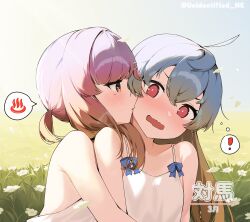 2girls blonde_hair blue_background blue_hair camisole gradient_hair grass highres kantai_collection kiss long_hair low_ponytail multicolored_hair multiple_girls onsen_symbol ponytail purple_hair red_eyes sado_(kancolle) short_hair_with_long_locks short_ponytail speech_bubble spoken_symbol tsushima_(kancolle) twitter_username unidentified_nk upper_body wavy_mouth white_camisole