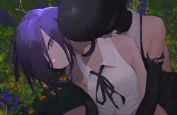 2girls absurdres black_choker black_ribbon bomb_devil_(chainsaw_man) breasts chainsaw_man choker collared_shirt commentary dual_persona es-ther flower grass green_eyes hair_between_eyes highres looking_at_viewer multiple_girls object_head orange_flower purple_hair reze_(chainsaw_man) ribbon shirt sleeveless sleeveless_shirt smile symbol-only_commentary white_shirt