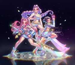 Rule 34 | 3girls, black hair, boots, braid, braided ponytail, double bun, full body, hair bun, highres, holding, holding weapon, kpop demon hunters, long hair, looking at viewer, mira (kpop demon hunters), multiple girls, pink hair, rumi (kpop demon hunters), shorts, sidelocks, skirt, standing, standing on one leg, twintails, weapon, xelalanana, zoey (kpop demon hunters)