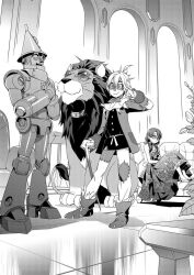 1girl 3boys animal arch commentary couch cowardly_lion dog dorothy_gale dress english_commentary floral_print full_body glasses greyscale indoors kriss_sison lion long_hair monochrome multiple_boys on_couch pants plant robot scarecrow_(the_wizard_of_oz) shoes sitting smile standing table the_wizard_of_oz tin_man_(the_wizard_of_oz) toto_(the_wizard_of_oz) twintails