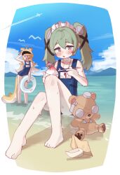 2girls absurdres ahoge animal_ears beach blush character_request commentary corin_wickes erifan0 feet flat_chest food green_hair highres ju_fufu leaning_forward loli long_hair maid_headdress multiple_girls old_school_swimsuit one-piece_swimsuit open_mouth school_swimsuit shaved_ice stuffed_animal stuffed_toy sweat swim_ring swimsuit symbol-only_commentary tail teddy_bear tiger_ears tiger_girl tiger_tail toes twintails visor_cap water wet whistle whistle_around_neck zenless_zone_zero