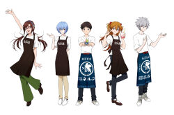 2boys 3girls apron ass ayanami_rei blue_hair breasts brown_hair casual drink floating_clothes holding holding_drink ikari_shinji interface_headset_(evangelion) long_hair low_twintails makinami_mari_illustrious mecha_pilot_suit multiple_boys multiple_girls nagisa_kaworu neon_genesis_evangelion official_art pants plugsuit_(evangelion) promotional_art salute short_hair souryuu_asuka_langley standing twintails v white_background wide_hips