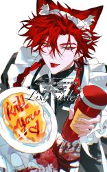 1boy :p alternate_costume animal_ear_fluff animal_ears apron artist_name bishounen black_dress bottle bow braid braided_ponytail chinese_commentary chromatic_aberration crossdressing dress earrings english_text enmaided eyelashes eyeliner eyeshadow fang food fox_boy fox_ears frilled_apron frills hair_between_eyes hair_over_shoulder highres holding holding_bottle holding_plate jewelry kemonomimi_mode ketchup ketchup_bottle liaoxiaoyan0919 long_hair long_sleeves looking_at_viewer maid maid_apron maid_headdress makeup male_focus omelet omurice plate red_eyes red_eyeshadow red_hair shiguang_dailiren side_braid simple_background single_braid single_earring smile solo squeeze_bottle tassel tassel_earrings tongue tongue_out upper_body watermark white_apron white_background xiao_weiying
