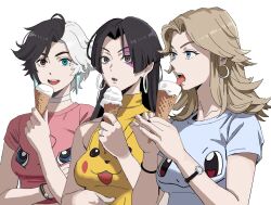 Rule 34 | 3girls, black hair, blonde hair, blue eyes, breasts, earrings, fantastic four, food, gen 1 pokemon, heterochromia, highres, ice cream, jewelry, looking at viewer, luna snow, marvel, marvel rivals, multicolored hair, multiple girls, nintendo, pikachu, pokemon, psylocke, psylocke (vengeance), shiren (ourboy83), split-color hair, squirtle, sue storm, two-tone hair, x-men