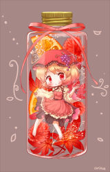 1girl aki_minoriko apron arinu artist_name autumn_leaves black_ribbon blonde_hair blush bottle brown_background chibi female_focus food food-themed_hair_ornament fruit grape_hair_ornament hair_ornament hat in_bottle in_container leaf looking_at_viewer neck_ribbon orange_(fruit) orange_slice red_eyes red_hat ribbon short_hair solo touhou