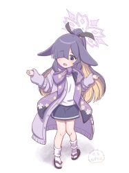 1girl absurdres aged_down alternate_costume animal_ears black_hair blonde_hair blue_archive blunt_bangs blush cardigan child colored_inner_hair commentary_request floppy_ears floral_print full_body hair_over_one_eye halo hands_up highres long_bangs long_hair looking_down mugisepa multicolored_hair one_eye_covered open_cardigan open_clothes open_mouth print_scarf purple_cardigan purple_eyes purple_halo purple_scarf rabbit_ears rabbit_girl scarf shirt simple_background sleeves_past_wrists solo standing straight_hair tabi tareme tsukuyo_(blue_archive) w_arms white_background white_shirt