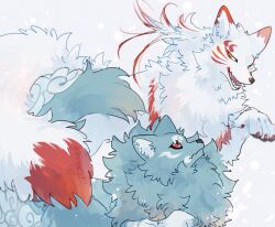 Rule 34 | aizawa (nh st), animal, commentary request, grey background, highres, looking at another, no humans, original, red eyes, snow, textless version, wolf, yellow eyes