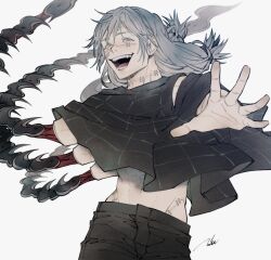 1boy abs black_pants black_shirt body_horror cowboy_shot cursed_spirit_(jujutsu_kaisen) floating_hair grey_eyes grey_hair heterochromia jujutsu_kaisen laughing long_hair mahito_(jujutsu_kaisen) male_focus midriff mim_(mimya0600) open_mouth outstretched_arm pants shirt signature simple_background solo stitched stitched_face stitched_neck stitches teeth third-party_edit toned toned_male tongue white_background yellow_eyes