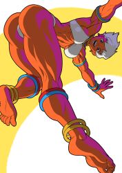 1girl anklet armlet ass barefoot blue_eyes bracelet breasts dark-skinned_female dark_skin earrings elena_(street_fighter) feet jewelry looking_at_viewer medium_breasts muscular muscular_female neck_ring open_mouth outstretched_arms pokkuti simple_background smile soles solo street_fighter underboob white_hair