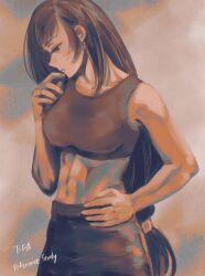1girl abs bare_arms bare_shoulders black_hair black_pants black_sports_bra breasts character_name collarbone cowboy_shot earrings final_fantasy final_fantasy_vii final_fantasy_vii_remake finger_to_mouth hand_on_own_hip highres jewelry long_hair looking_down low-tied_long_hair medium_breasts midriff navel pants profile single_earring solo sports_bra tifa_lockhart toned toned_female xin_(blueramen) yoga_pants